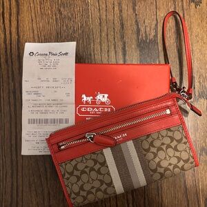 Coach Red Brown Signature C Canvas Monogram Zipper Wristlet Multiple Card Slots